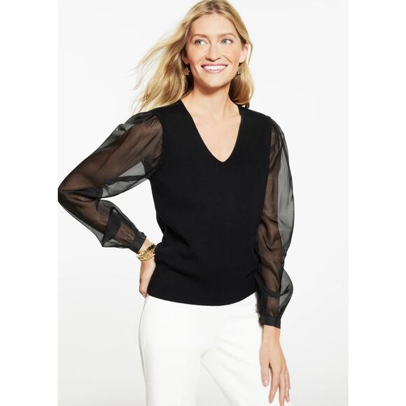 Talbots womens 2X sheer sleeves designer cocktail party Sweater Top Black NWT - Picture 2 of 13